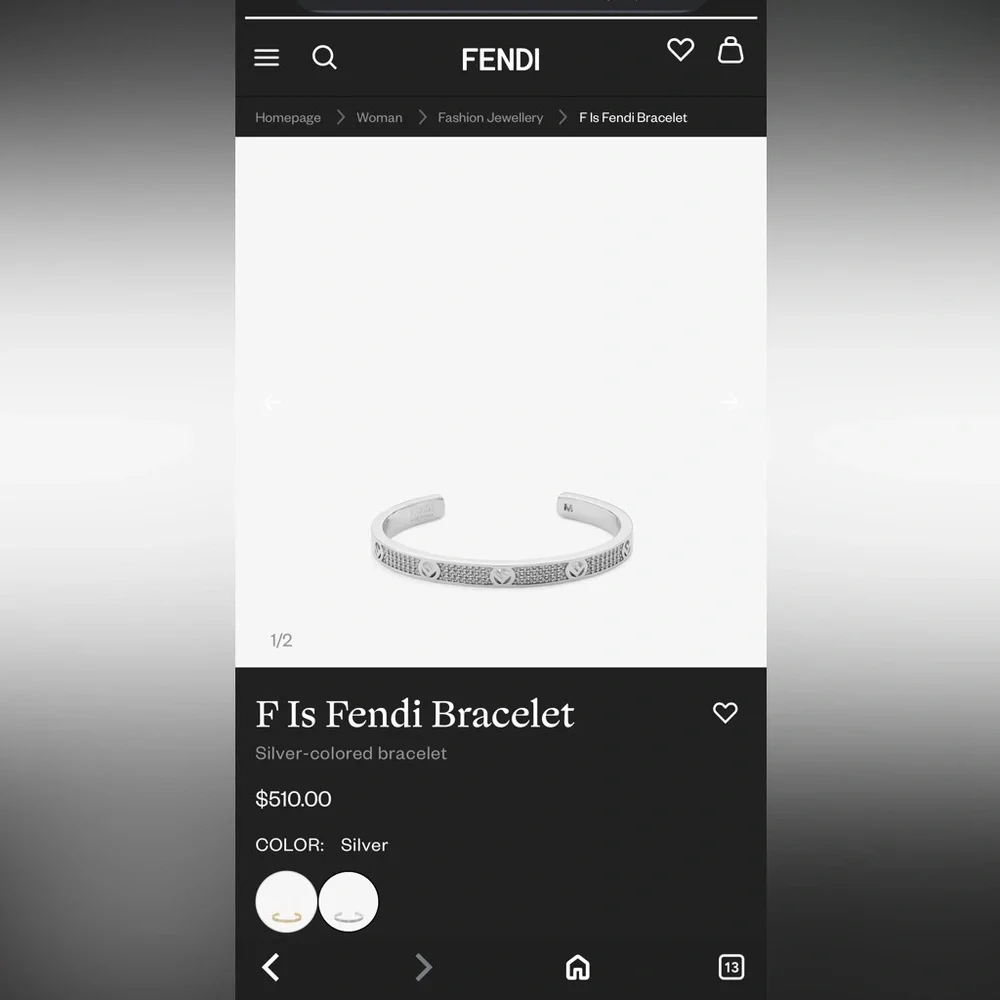 Fendi F is Fendi Bracelet with Silver and Crystal Embellishments New